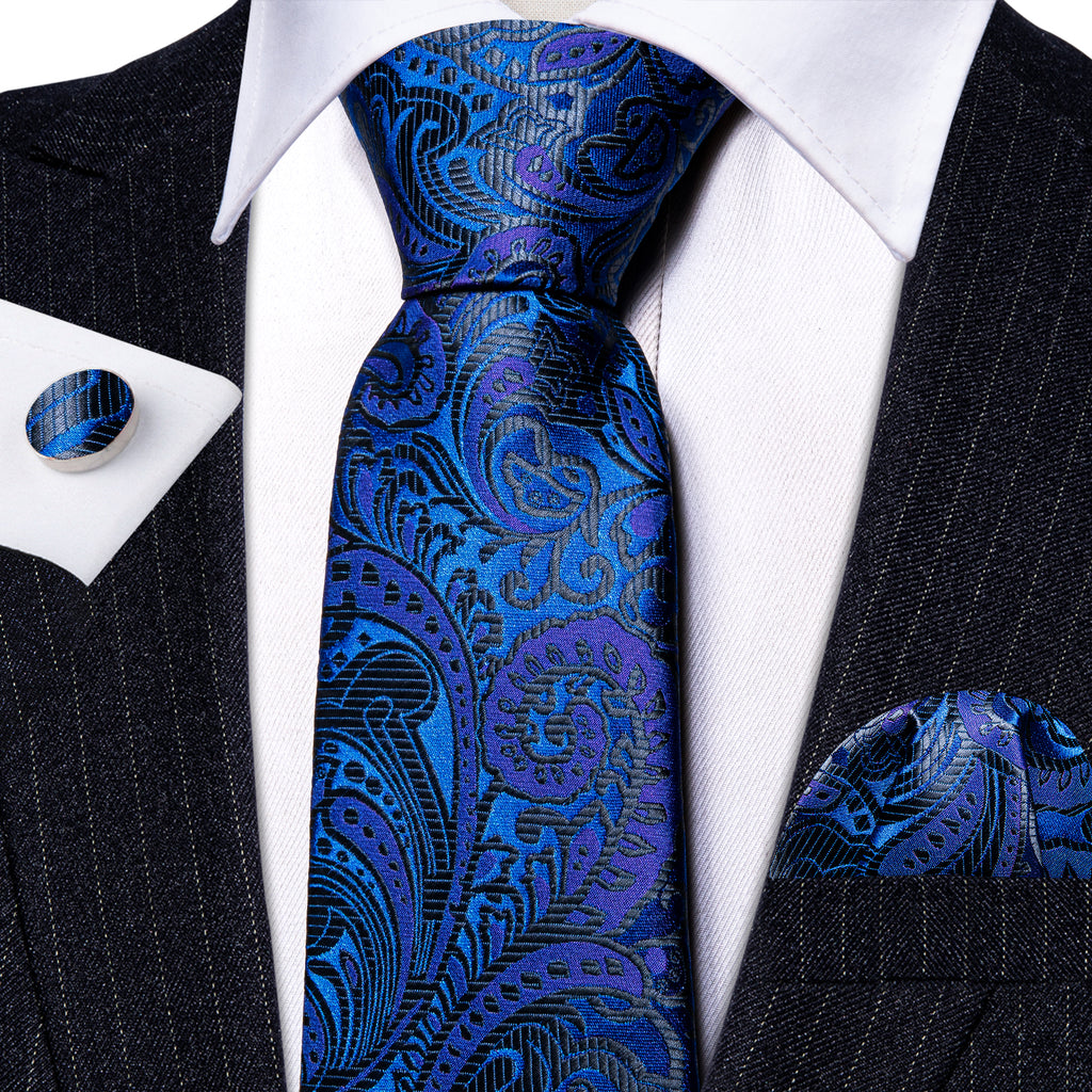 Dark Blue Paisley Silk Tie, Pocket Square and Cufflinks Set tie sets - Sophisticated Gentlemen