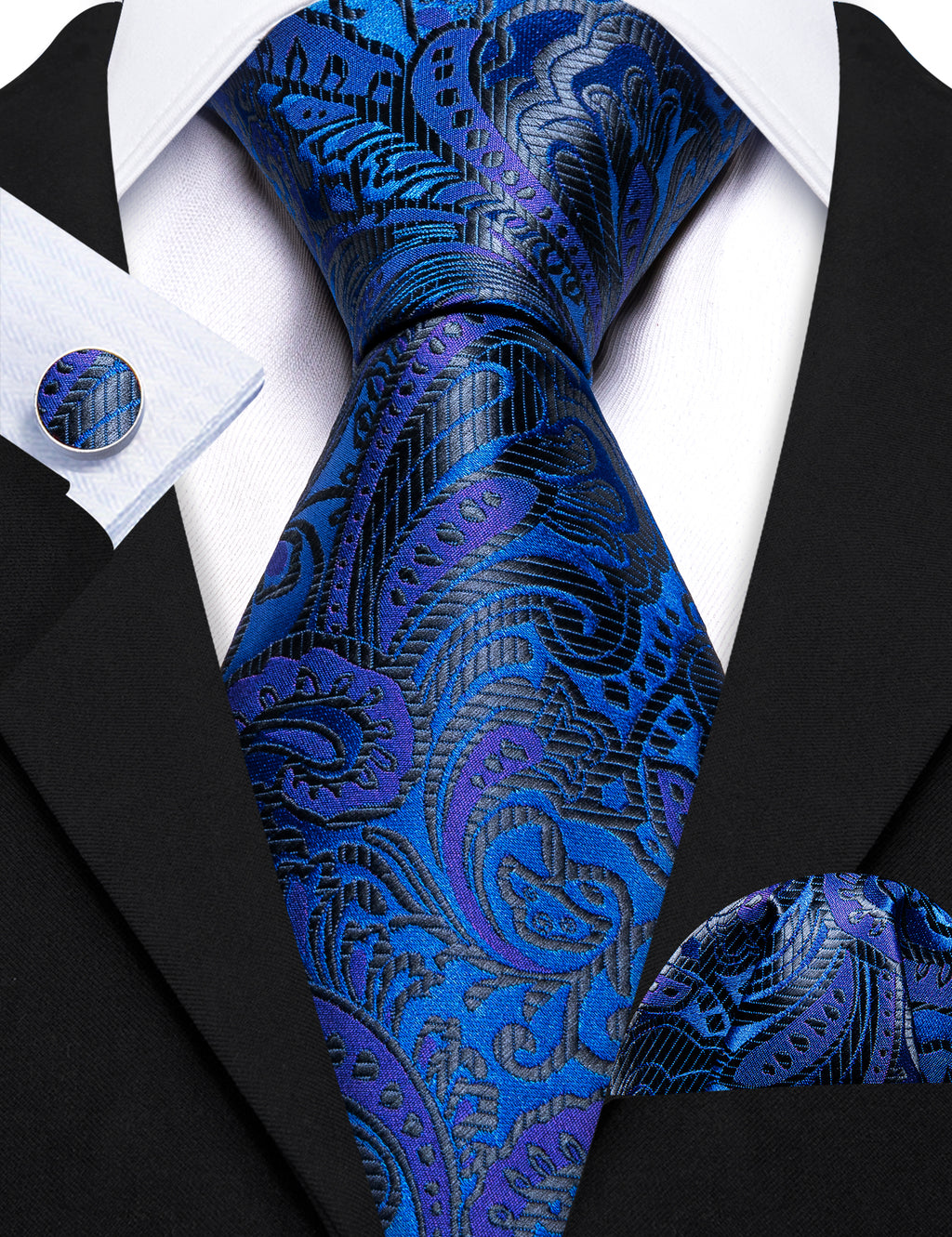 Dark Blue Paisley Silk Tie, Pocket Square and Cufflinks Set tie sets - Sophisticated Gentlemen