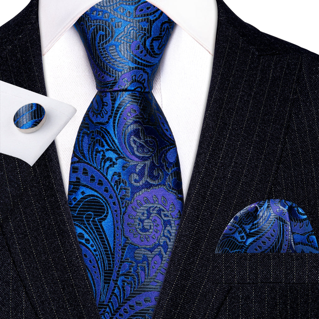 Dark Blue Paisley Silk Tie, Pocket Square and Cufflinks Set tie sets - Sophisticated Gentlemen