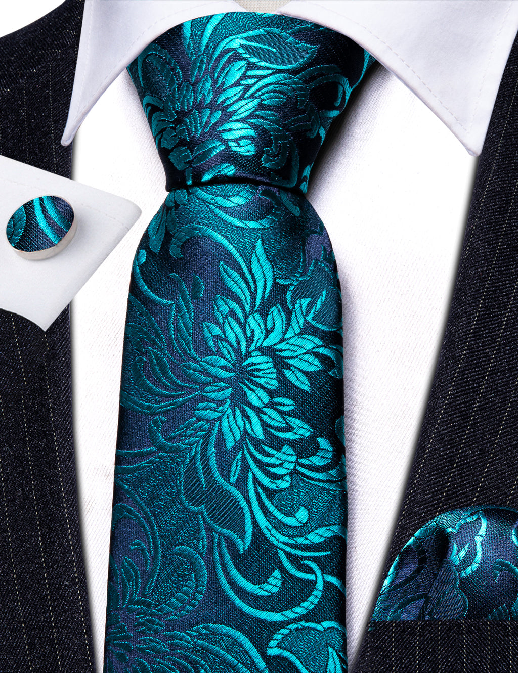 Dark Cyan Blue Paisley Silk Tie, Pocket Square and Cufflinks Set tie sets - Sophisticated Gentlemen