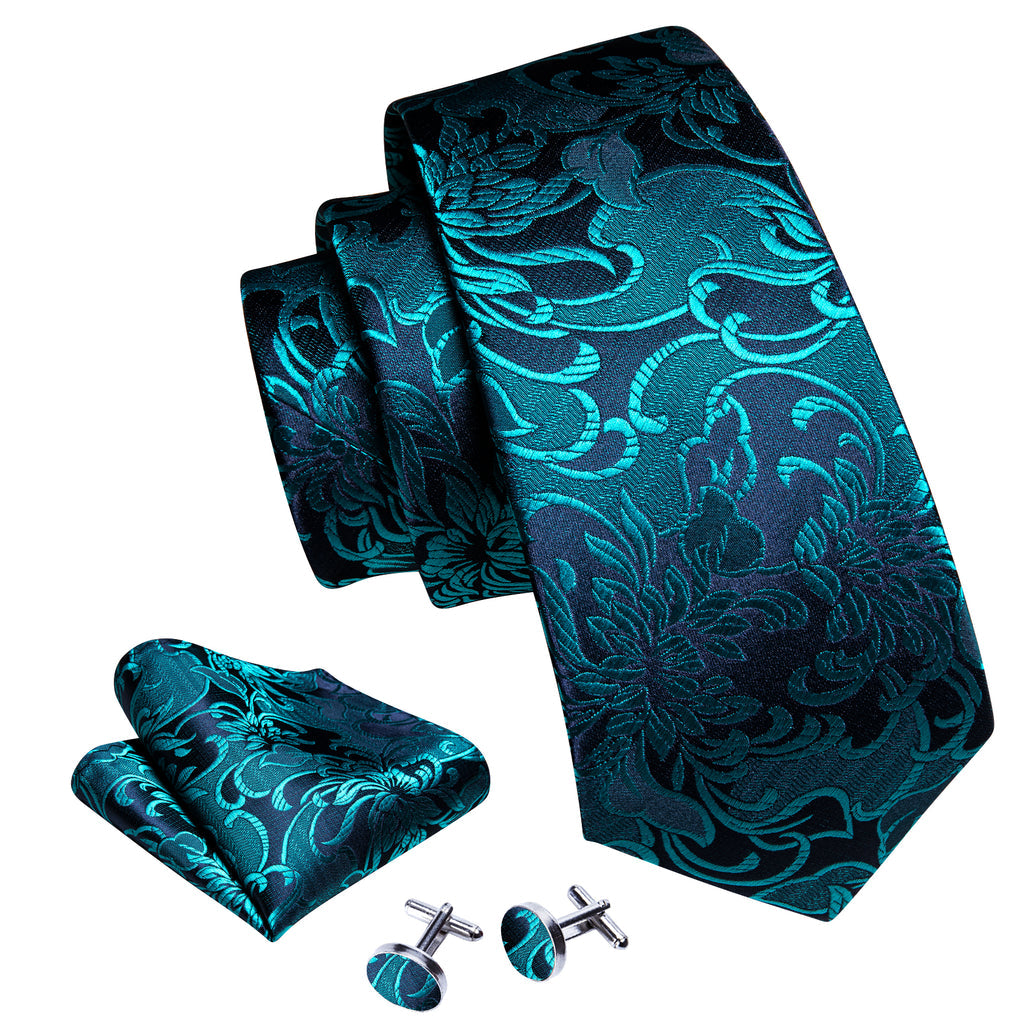 Dark Cyan Blue Paisley Silk Tie, Pocket Square and Cufflinks Set tie sets - Sophisticated Gentlemen