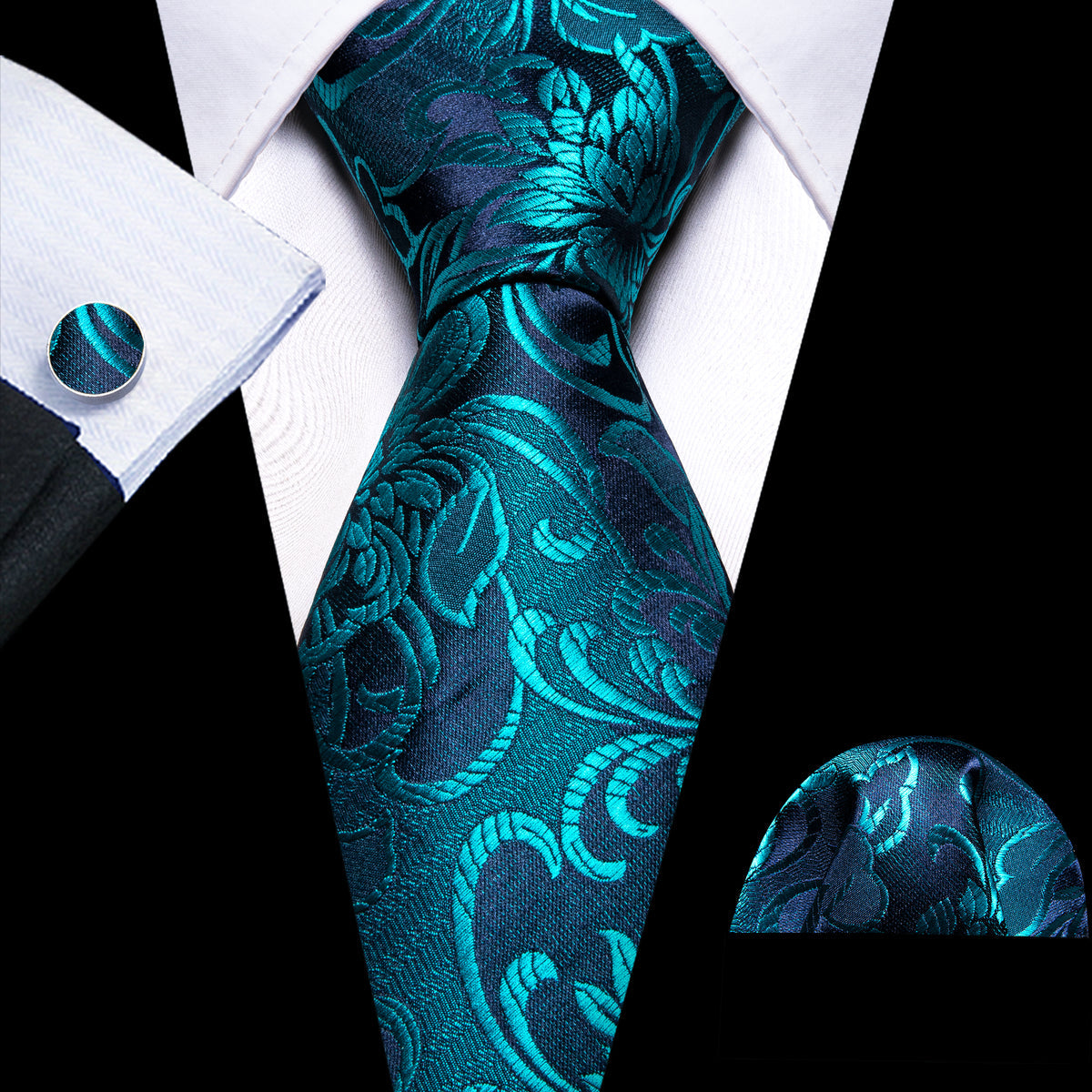 Dark Cyan Blue Paisley Silk Tie, Pocket Square and Cufflinks Set tie sets - Sophisticated Gentlemen