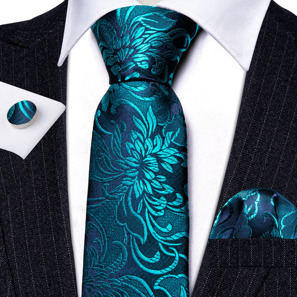 Dark Cyan Blue Paisley Silk Tie, Pocket Square and Cufflinks Set tie sets - Sophisticated Gentlemen