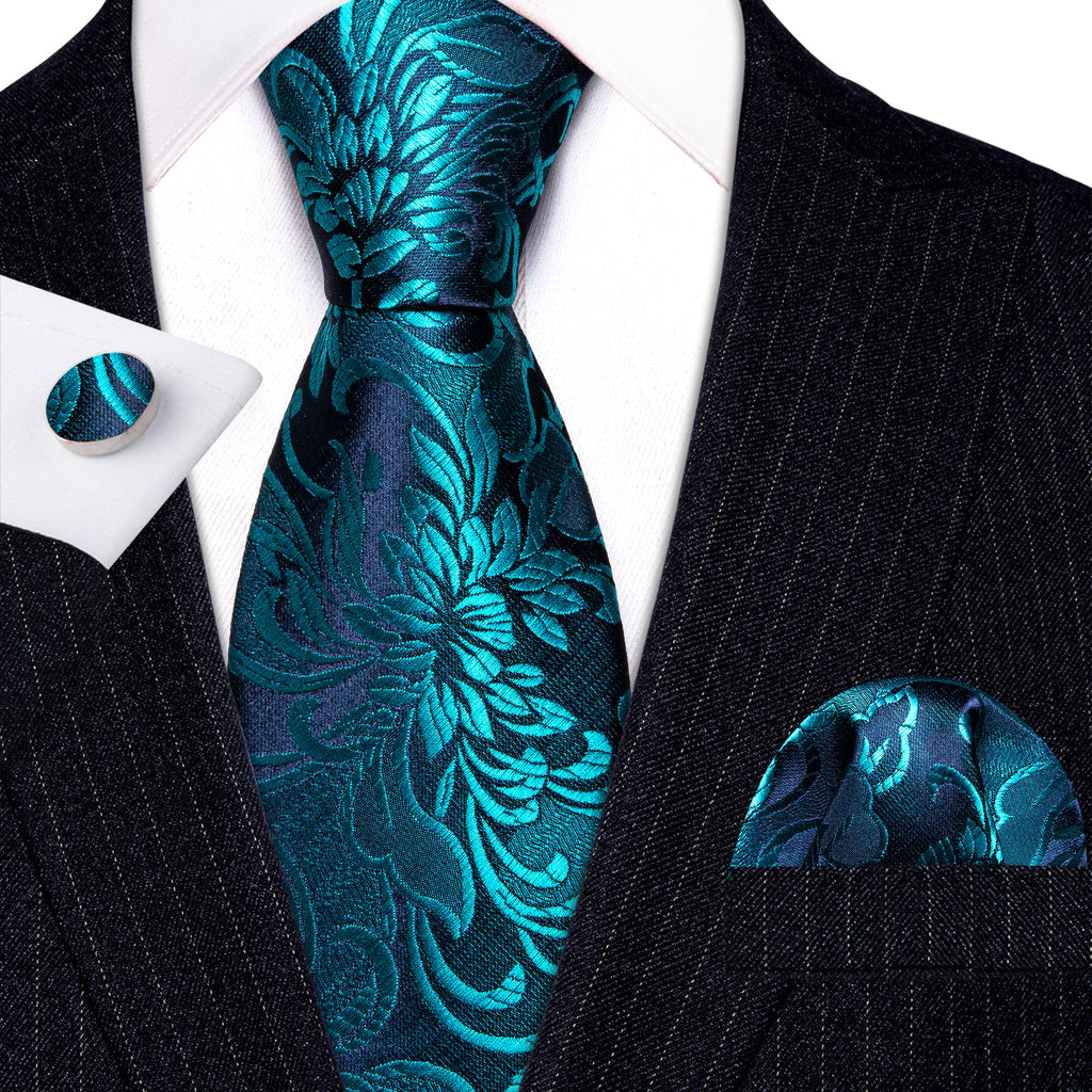 Dark Cyan Blue Paisley Silk Tie, Pocket Square and Cufflinks Set tie sets - Sophisticated Gentlemen