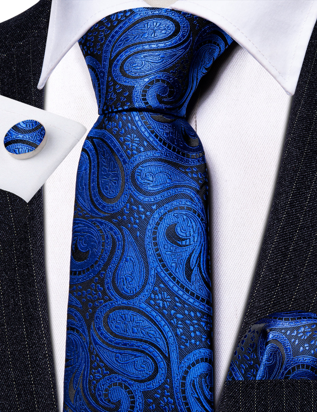 Blue Paisley Silk Tie, Pocket Square and Cufflinks Set tie sets - Sophisticated Gentlemen