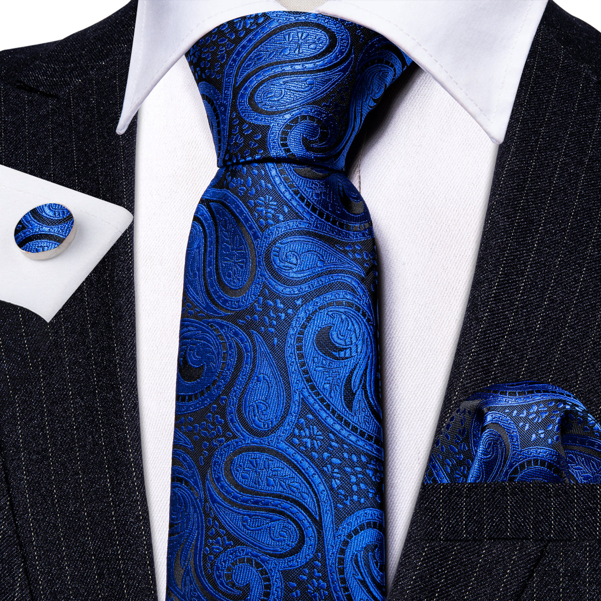 Blue Paisley Silk Tie, Pocket Square and Cufflinks Set tie sets - Sophisticated Gentlemen