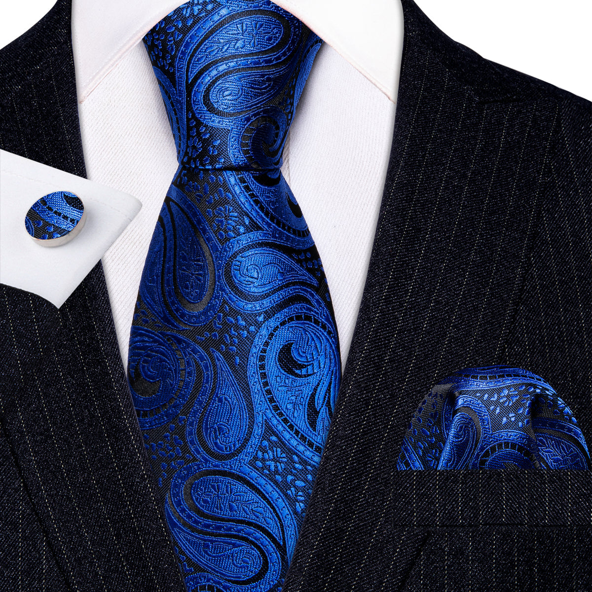 Blue Paisley Silk Tie, Pocket Square and Cufflinks Set tie sets - Sophisticated Gentlemen