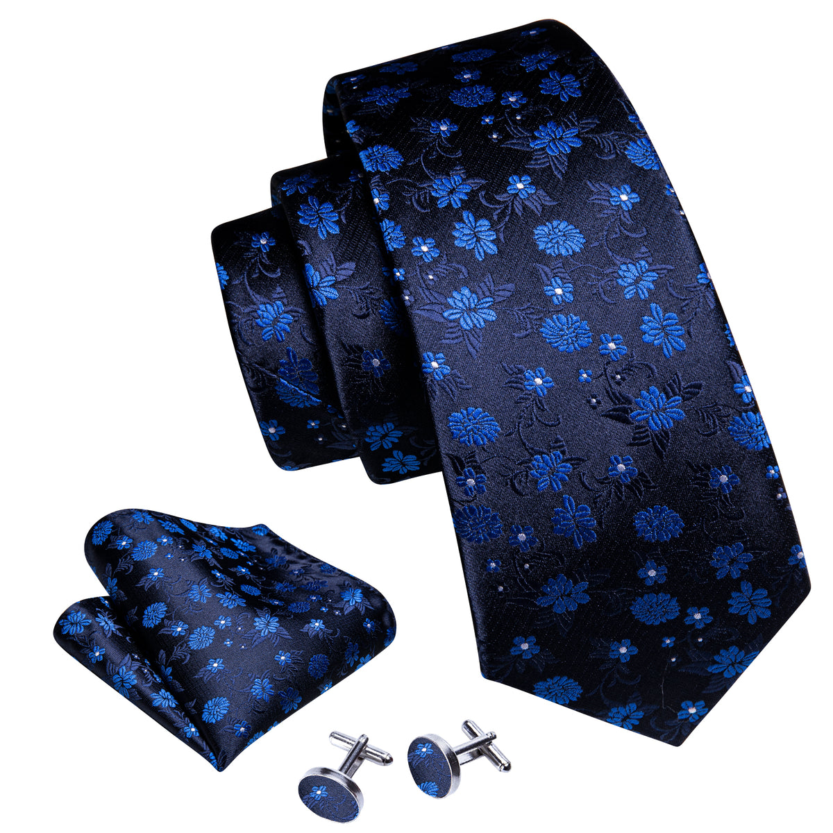 Black Blue Floral Silk Tie, Pocket Square and Cufflinks Set tie sets - Sophisticated Gentlemen