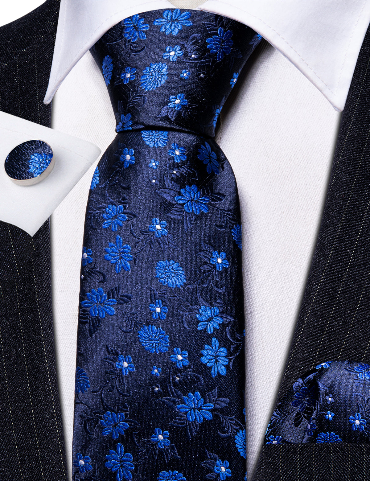 Black Blue Floral Silk Tie, Pocket Square and Cufflinks Set tie sets - Sophisticated Gentlemen