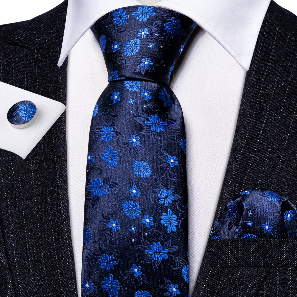 Black Blue Floral Silk Tie, Pocket Square and Cufflinks Set tie sets - Sophisticated Gentlemen