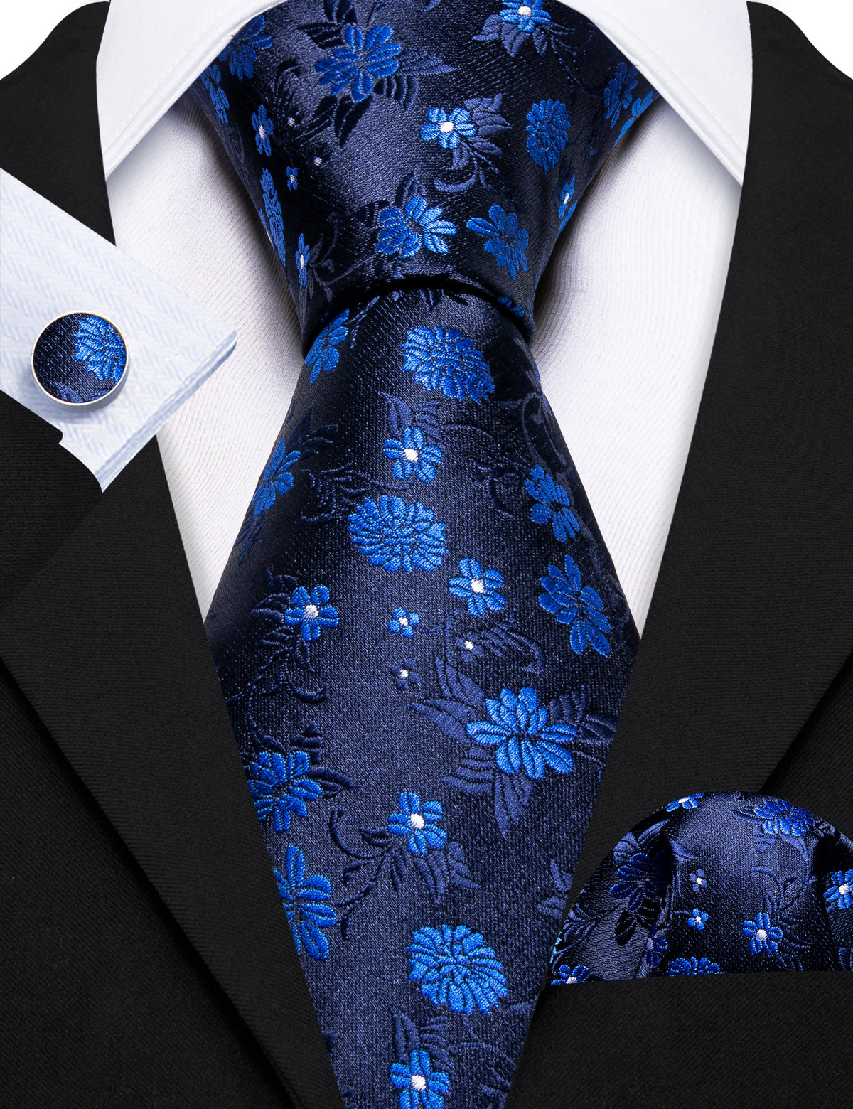 Black Blue Floral Silk Tie, Pocket Square and Cufflinks Set tie sets - Sophisticated Gentlemen