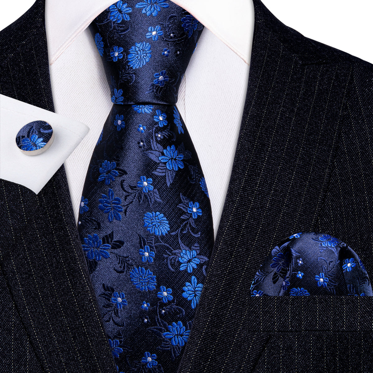 Black Blue Floral Silk Tie, Pocket Square and Cufflinks Set tie sets - Sophisticated Gentlemen