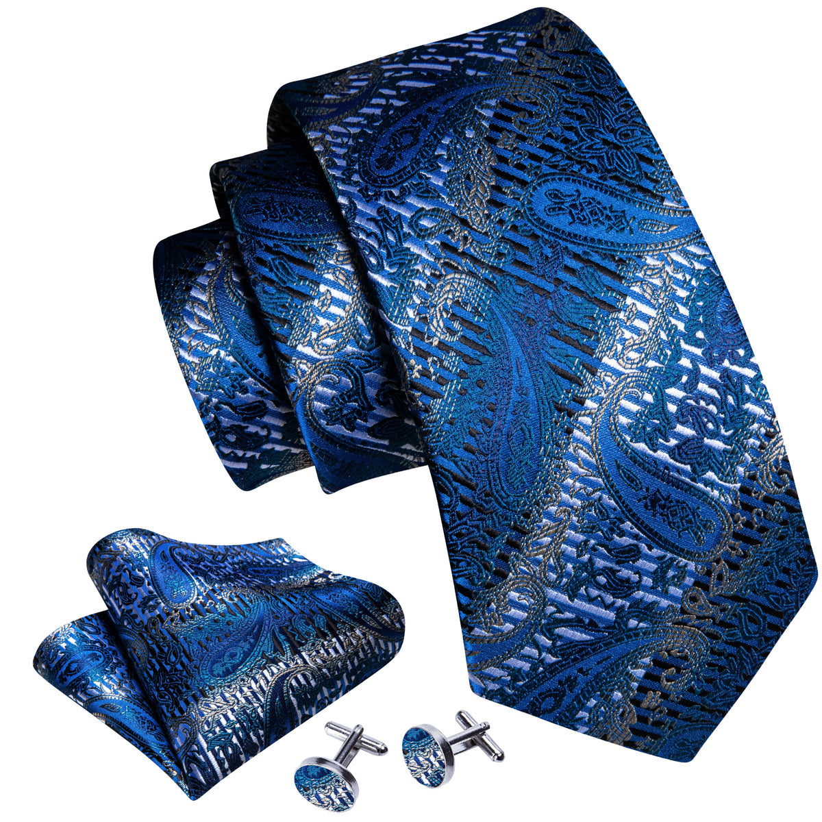 Blue Silver Paisley Silk Tie, Pocket Square and Cufflinks Set tie sets - Sophisticated Gentlemen