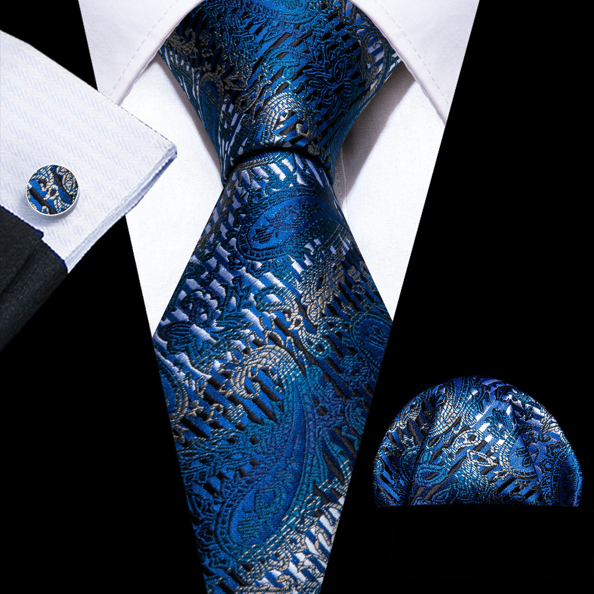 Blue Silver Paisley Silk Tie, Pocket Square and Cufflinks Set tie sets - Sophisticated Gentlemen