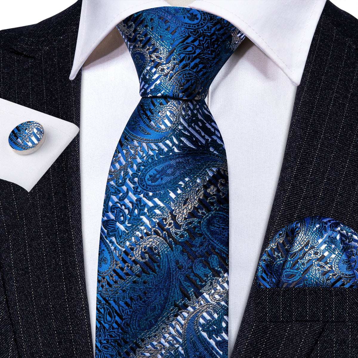 Blue Silver Paisley Silk Tie, Pocket Square and Cufflinks Set tie sets - Sophisticated Gentlemen