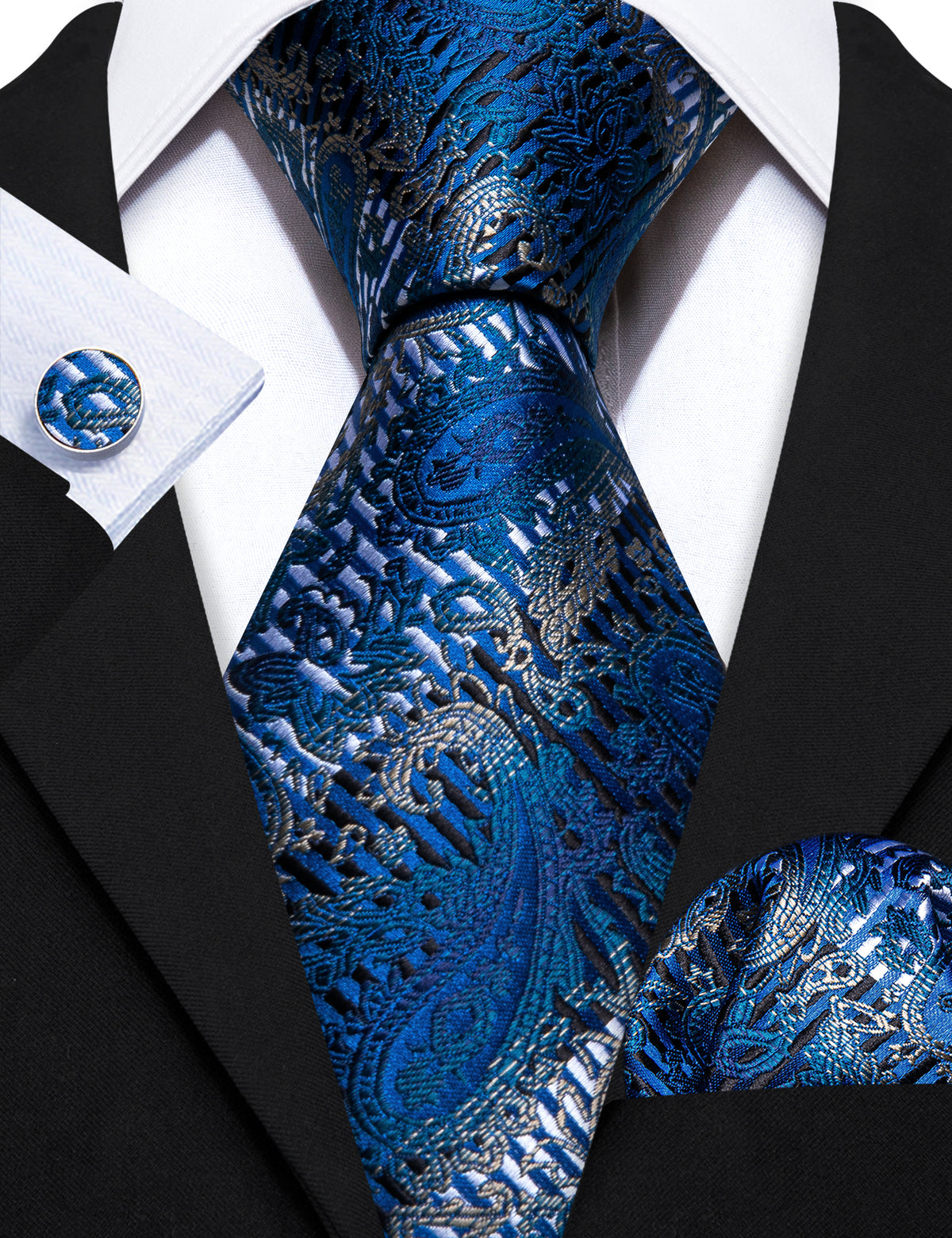 Blue Silver Paisley Silk Tie, Pocket Square and Cufflinks Set tie sets - Sophisticated Gentlemen