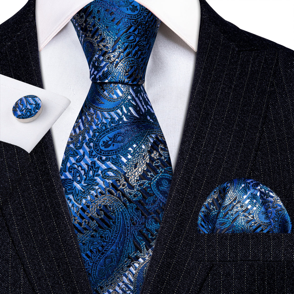 Blue Silver Paisley Silk Tie, Pocket Square and Cufflinks Set tie sets - Sophisticated Gentlemen