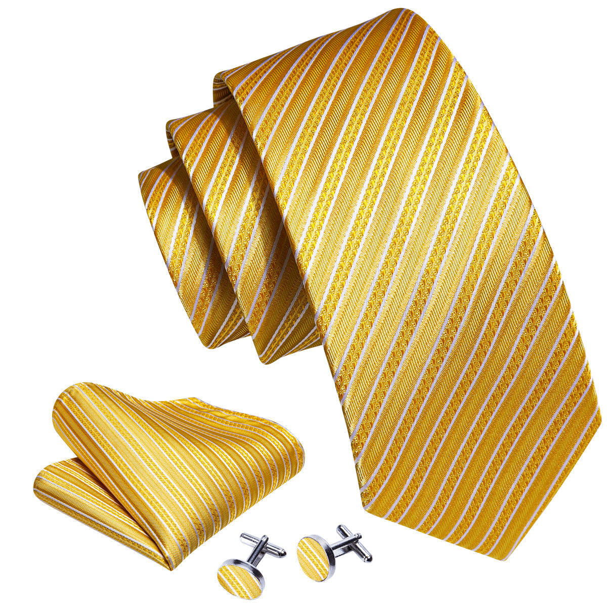 Yellow White Silk Striped Tie, Pocket Square and Cufflinks Set tie sets - Sophisticated Gentlemen