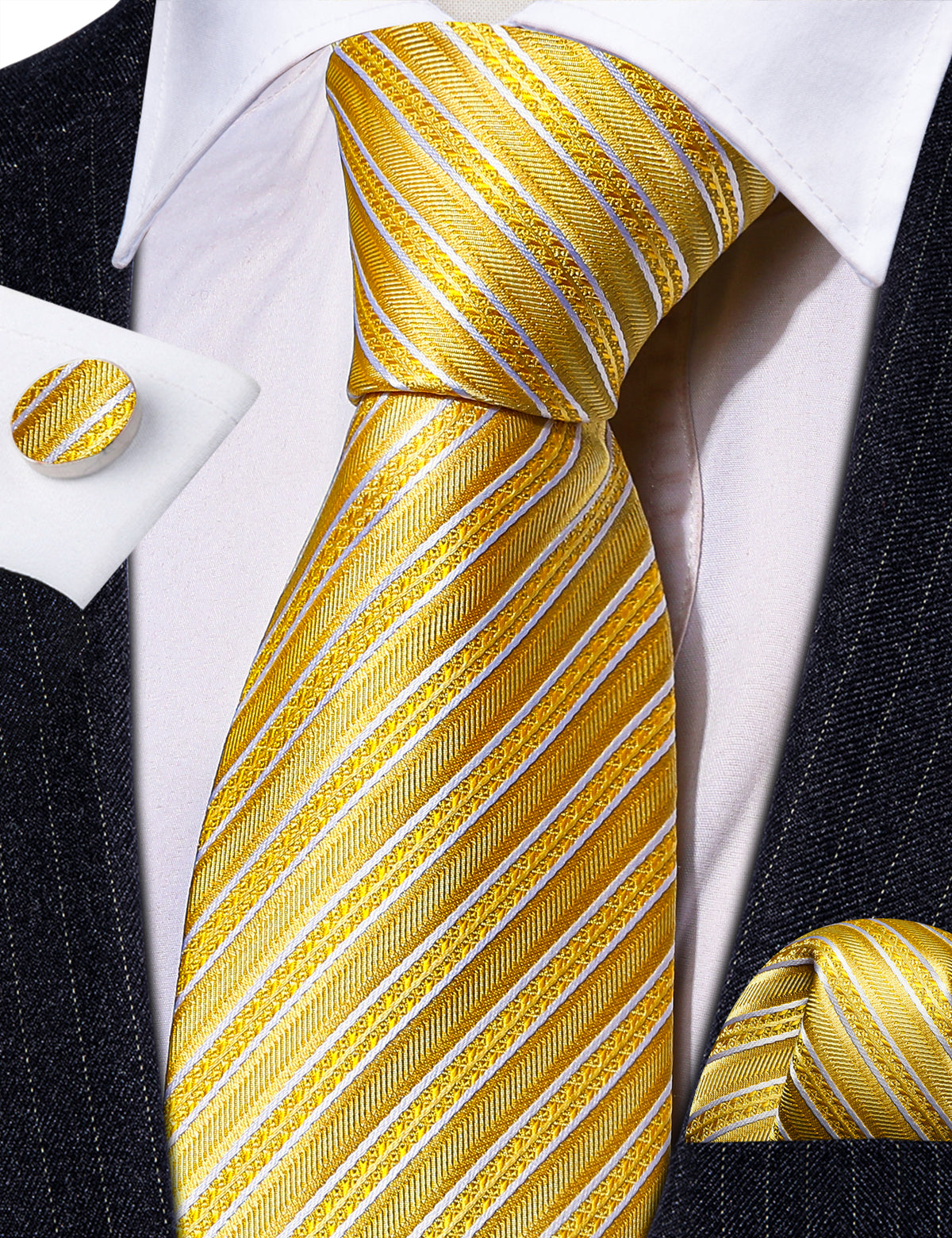 Yellow White Silk Striped Tie, Pocket Square and Cufflinks Set tie sets - Sophisticated Gentlemen