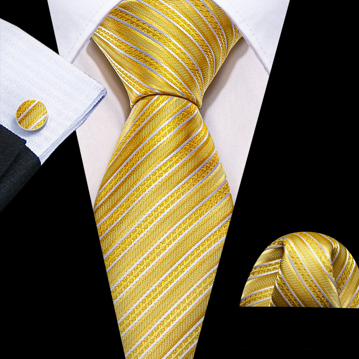 Yellow White Silk Striped Tie, Pocket Square and Cufflinks Set tie sets - Sophisticated Gentlemen