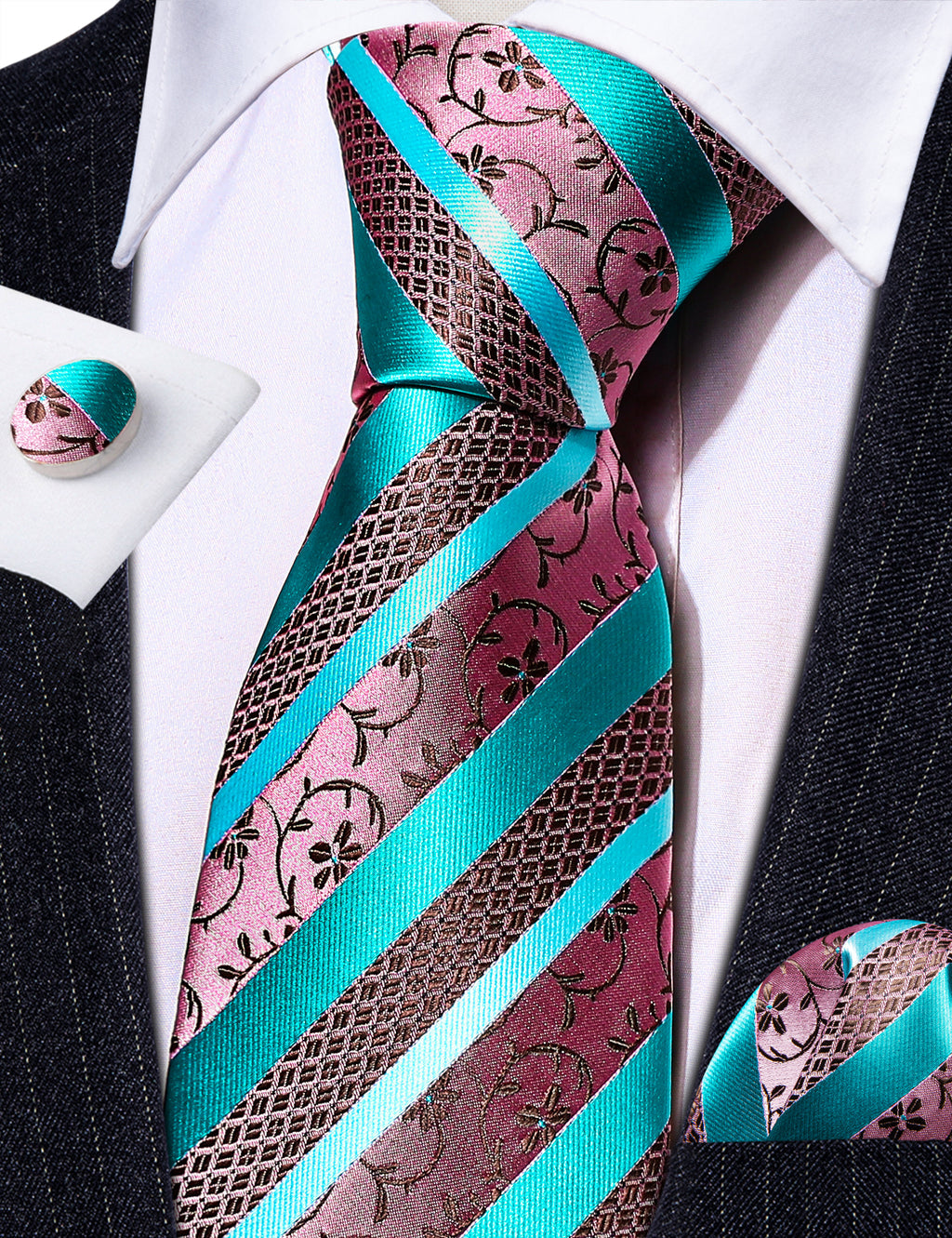 Blue Pink Floral Striped Silk Tie, Pocket Square and Cufflinks Set tie sets - Sophisticated Gentlemen
