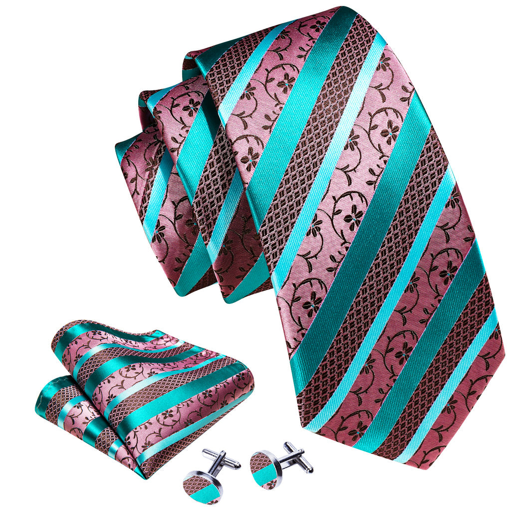 Blue Pink Floral Striped Silk Tie, Pocket Square and Cufflinks Set tie sets - Sophisticated Gentlemen