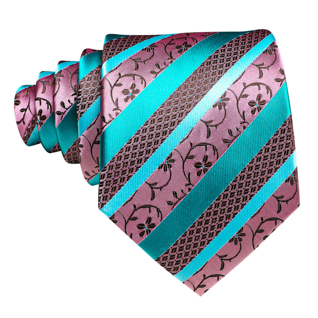 Blue Pink Floral Striped Silk Tie, Pocket Square and Cufflinks Set tie sets - Sophisticated Gentlemen