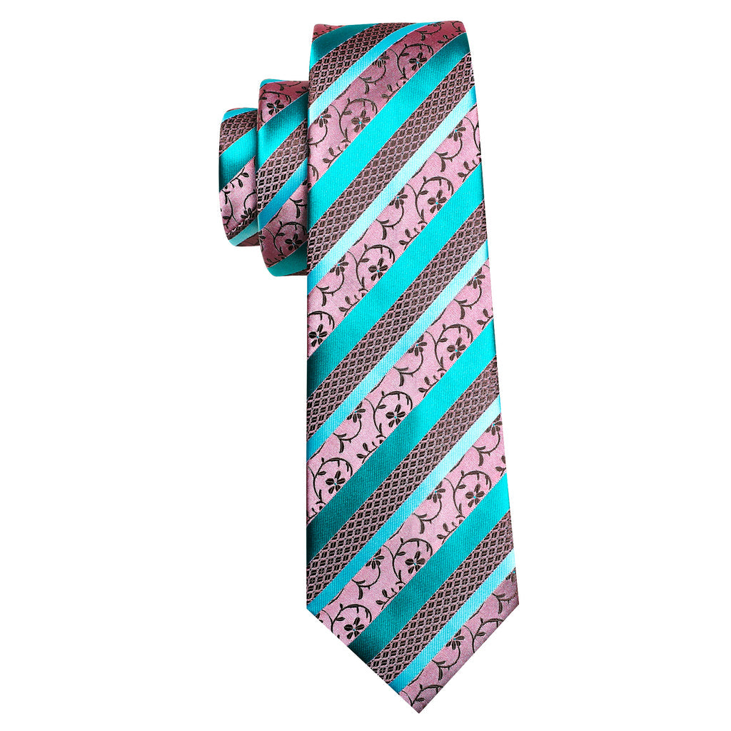 Blue Pink Floral Striped Silk Tie, Pocket Square and Cufflinks Set tie sets - Sophisticated Gentlemen