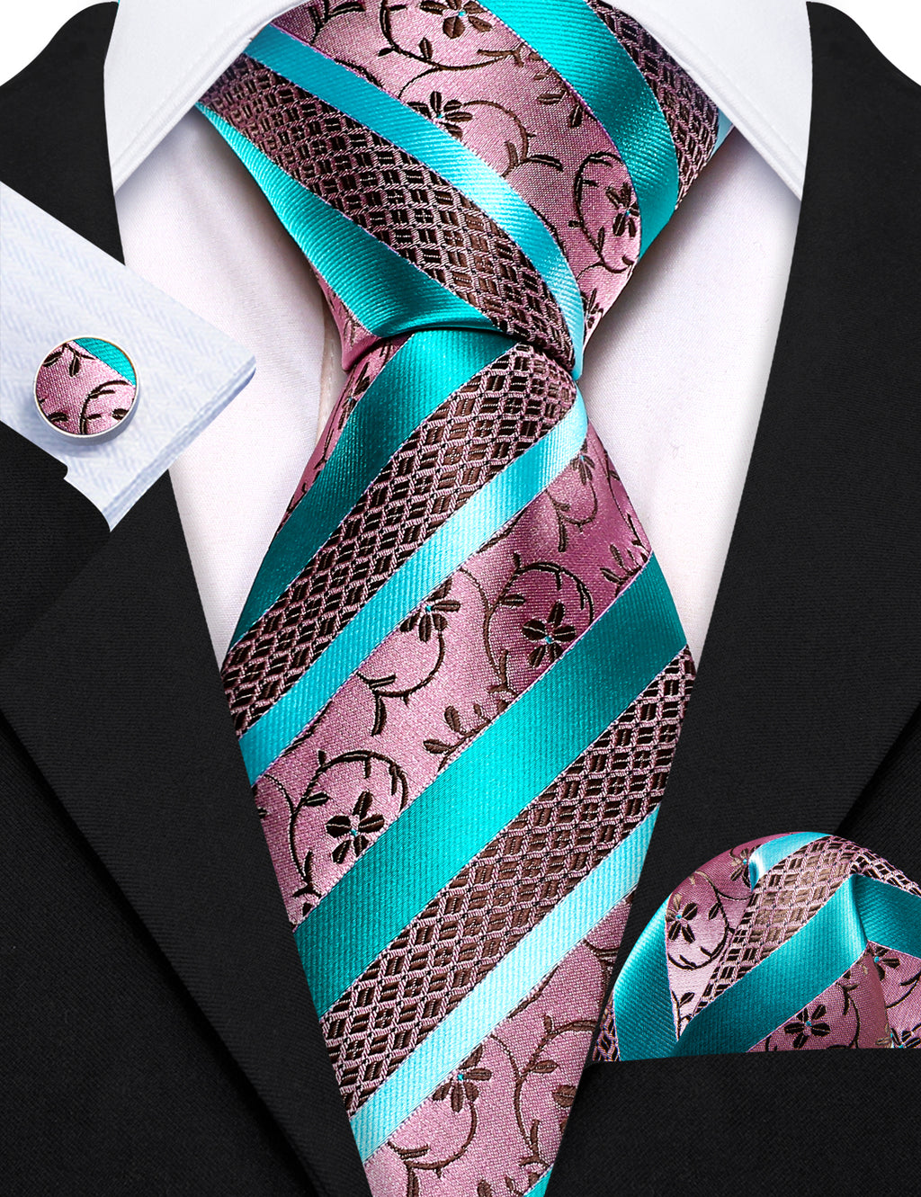 Blue Pink Floral Striped Silk Tie, Pocket Square and Cufflinks Set tie sets - Sophisticated Gentlemen