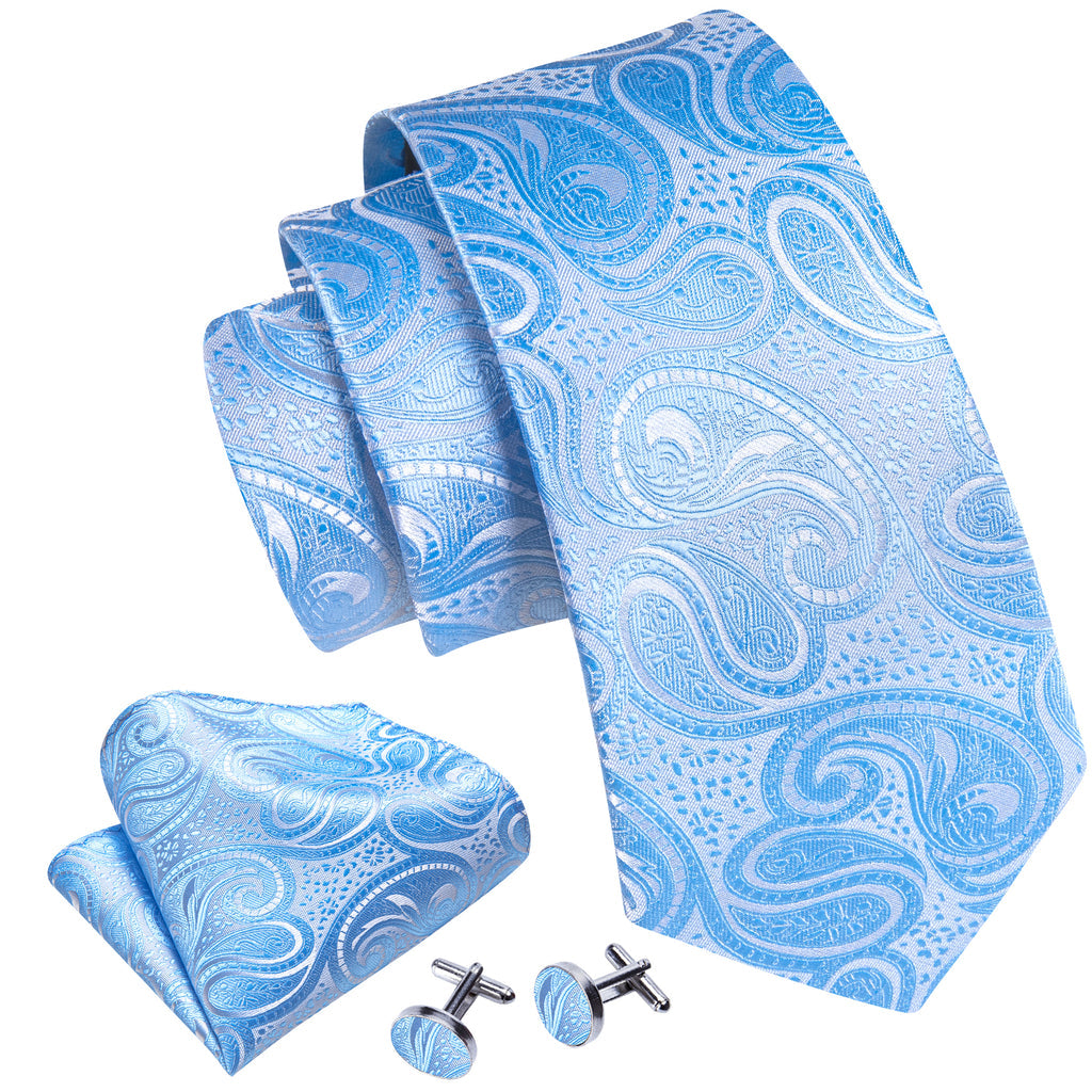 Light Blue Silver Paisley Tie, Pocket Square and Cufflinks Set tie sets - Sophisticated Gentlemen