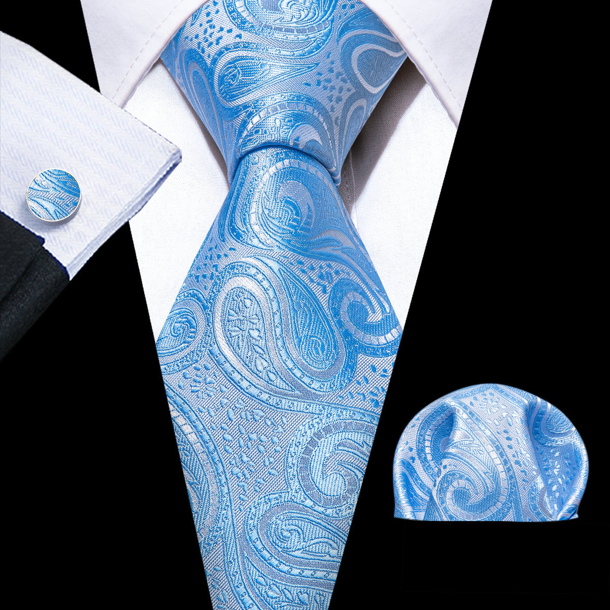 Light Blue Silver Paisley Tie, Pocket Square and Cufflinks Set tie sets - Sophisticated Gentlemen
