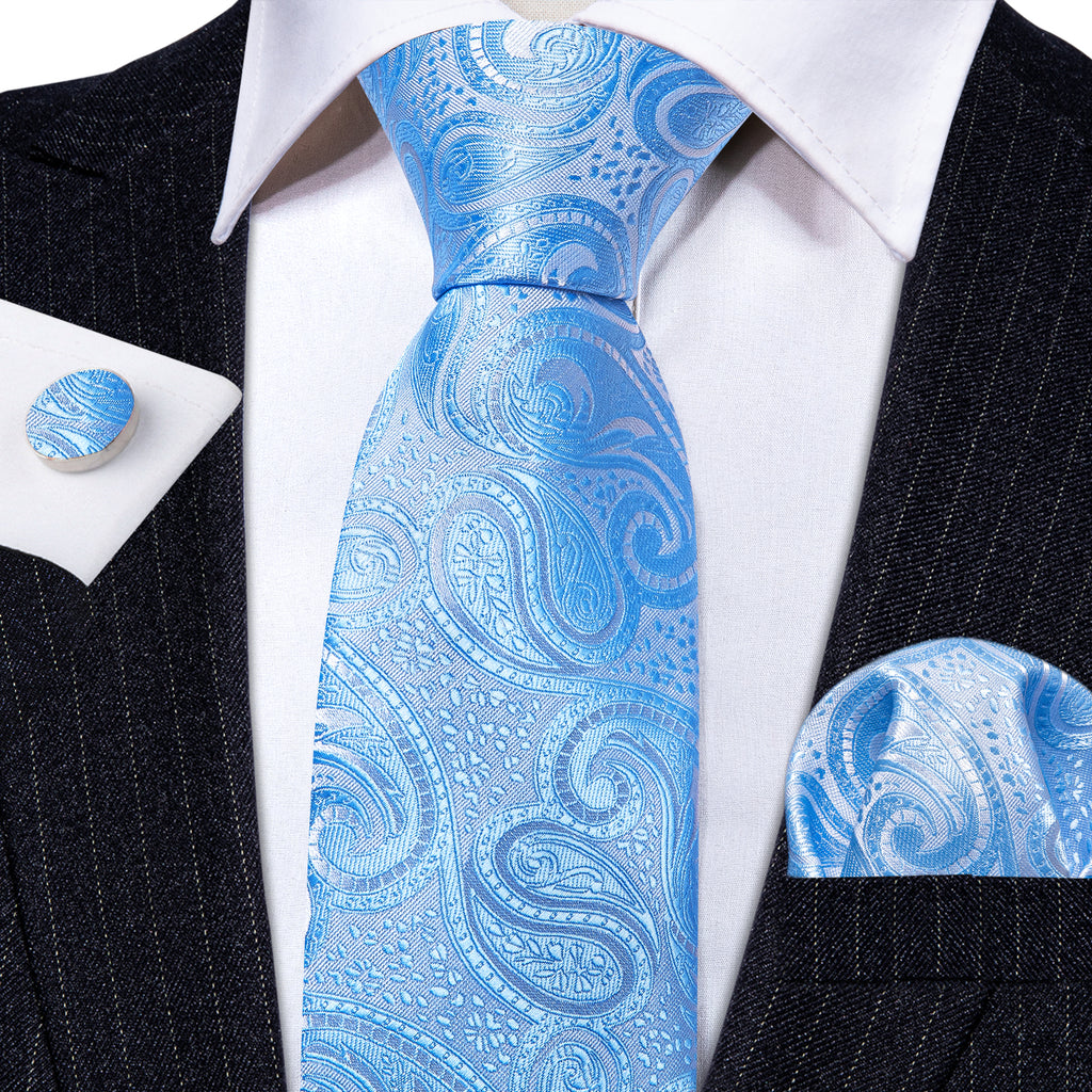 Light Blue Silver Paisley Tie, Pocket Square and Cufflinks Set tie sets - Sophisticated Gentlemen