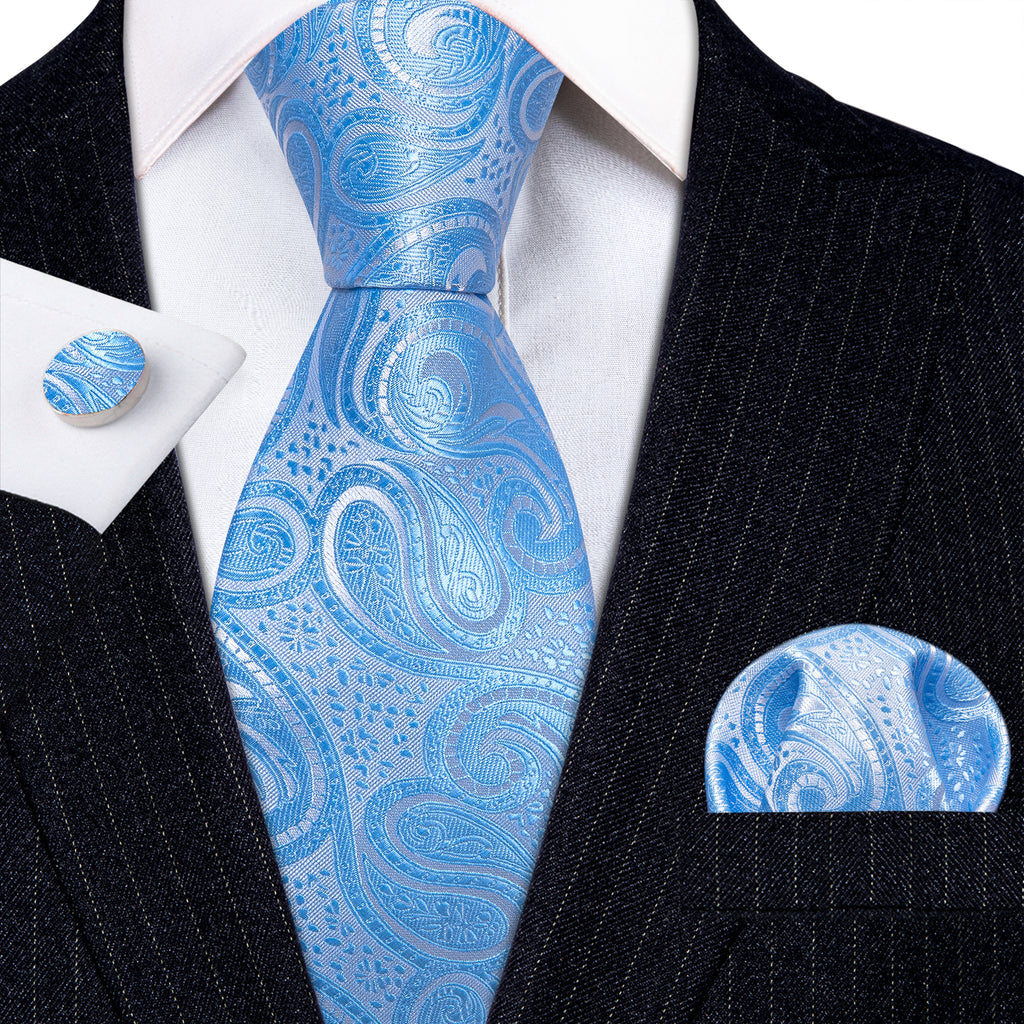 Light Blue Silver Paisley Tie, Pocket Square and Cufflinks Set tie sets - Sophisticated Gentlemen