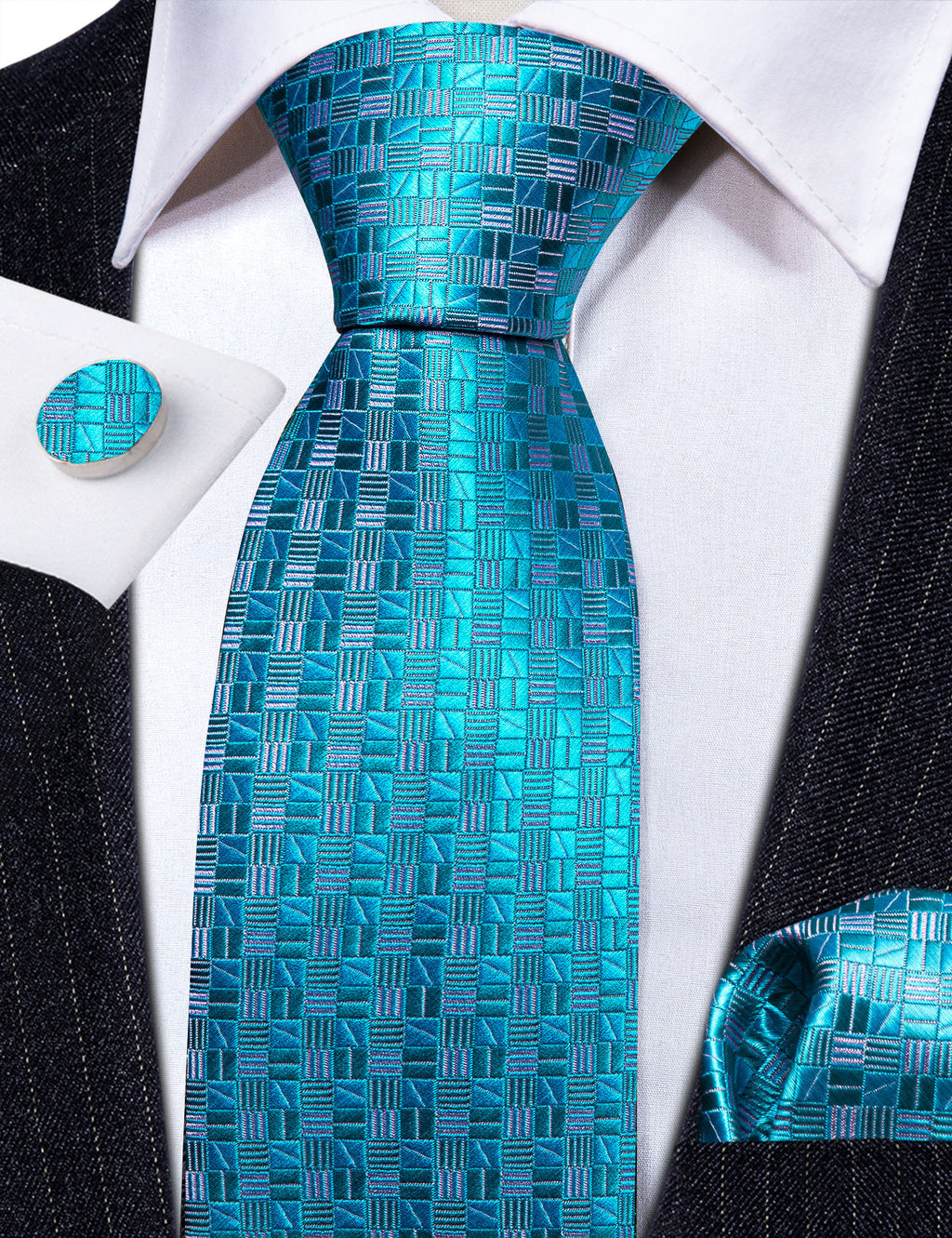 Cyan Blue Plaid Silk Tie, Pocket Square and Cufflinks Set tie sets - Sophisticated Gentlemen
