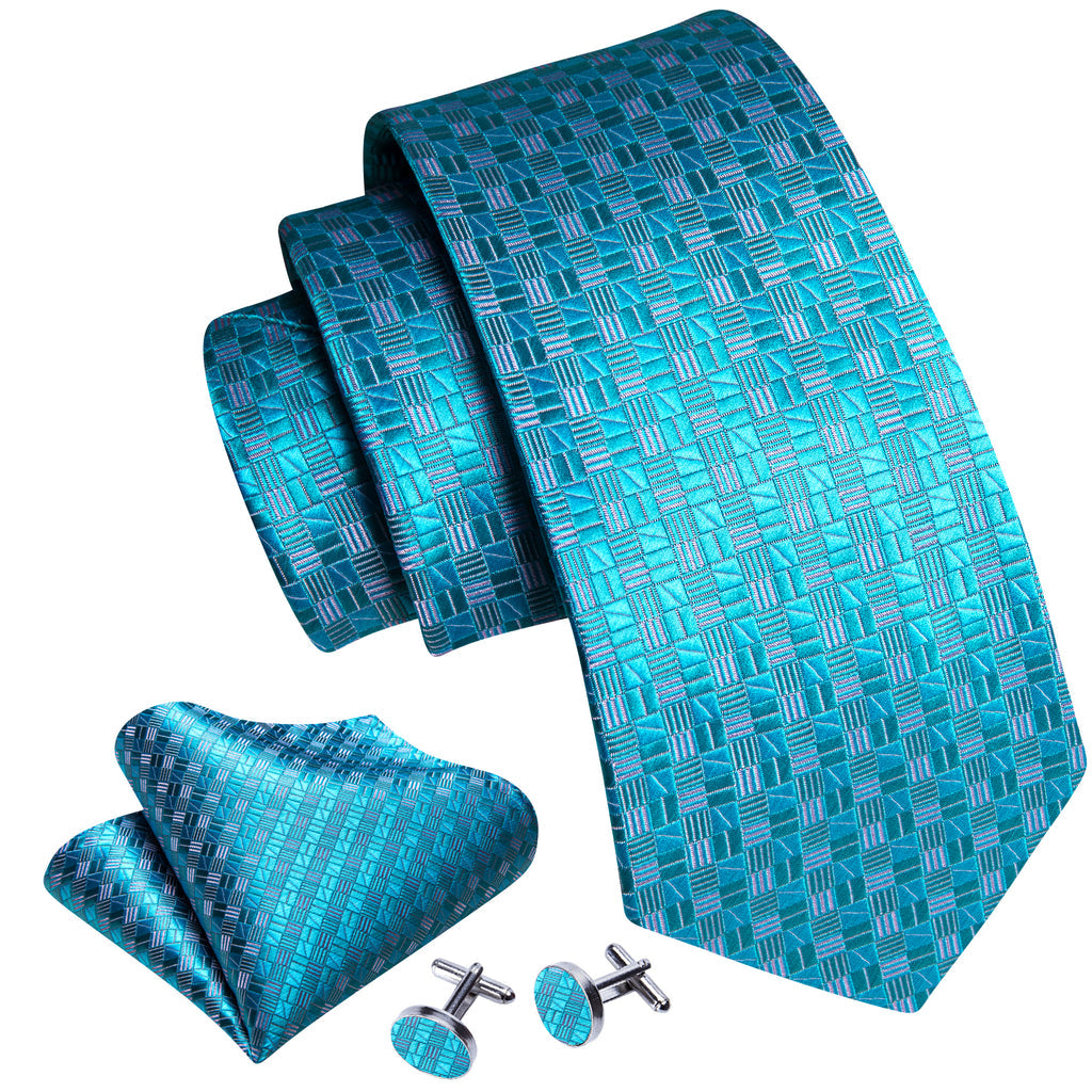 Cyan Blue Plaid Silk Tie, Pocket Square and Cufflinks Set tie sets - Sophisticated Gentlemen