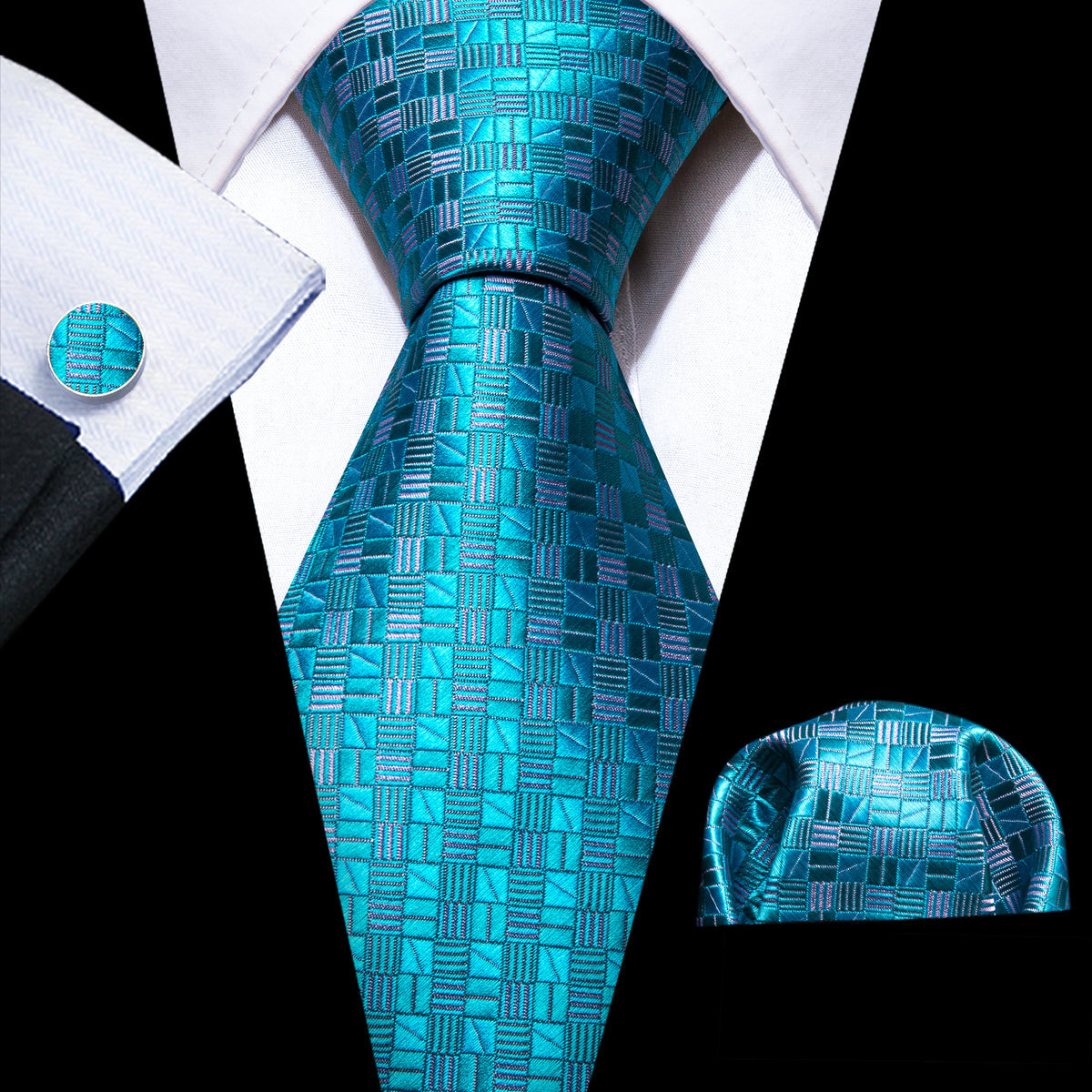 Cyan Blue Plaid Silk Tie, Pocket Square and Cufflinks Set tie sets - Sophisticated Gentlemen