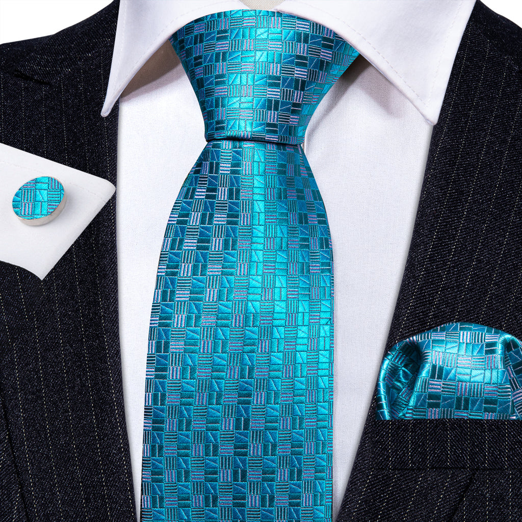 Cyan Blue Plaid Silk Tie, Pocket Square and Cufflinks Set tie sets - Sophisticated Gentlemen