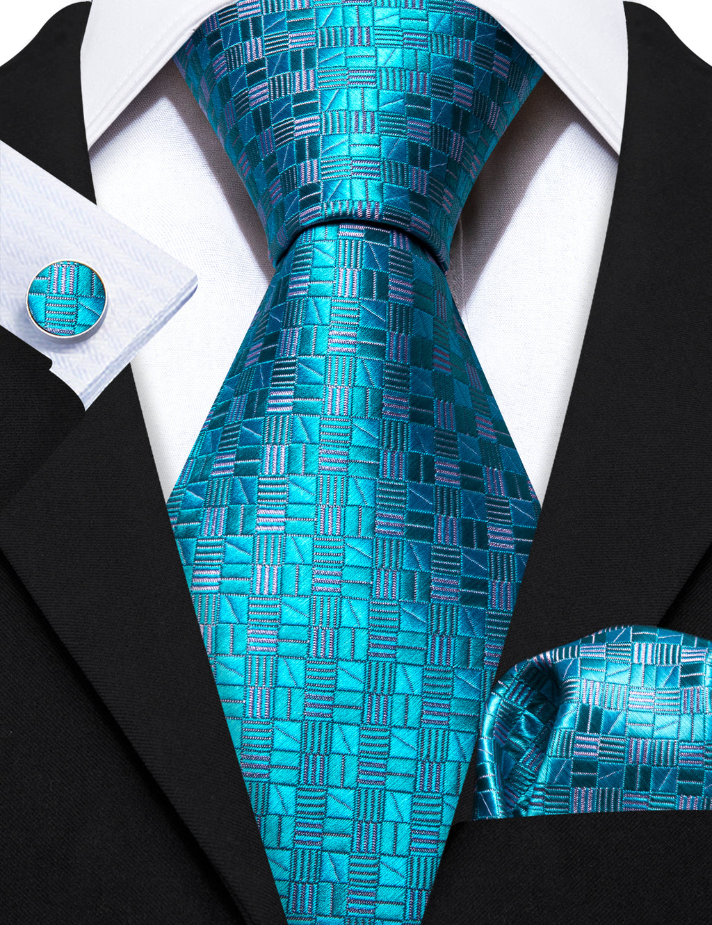 Cyan Blue Plaid Silk Tie, Pocket Square and Cufflinks Set tie sets - Sophisticated Gentlemen