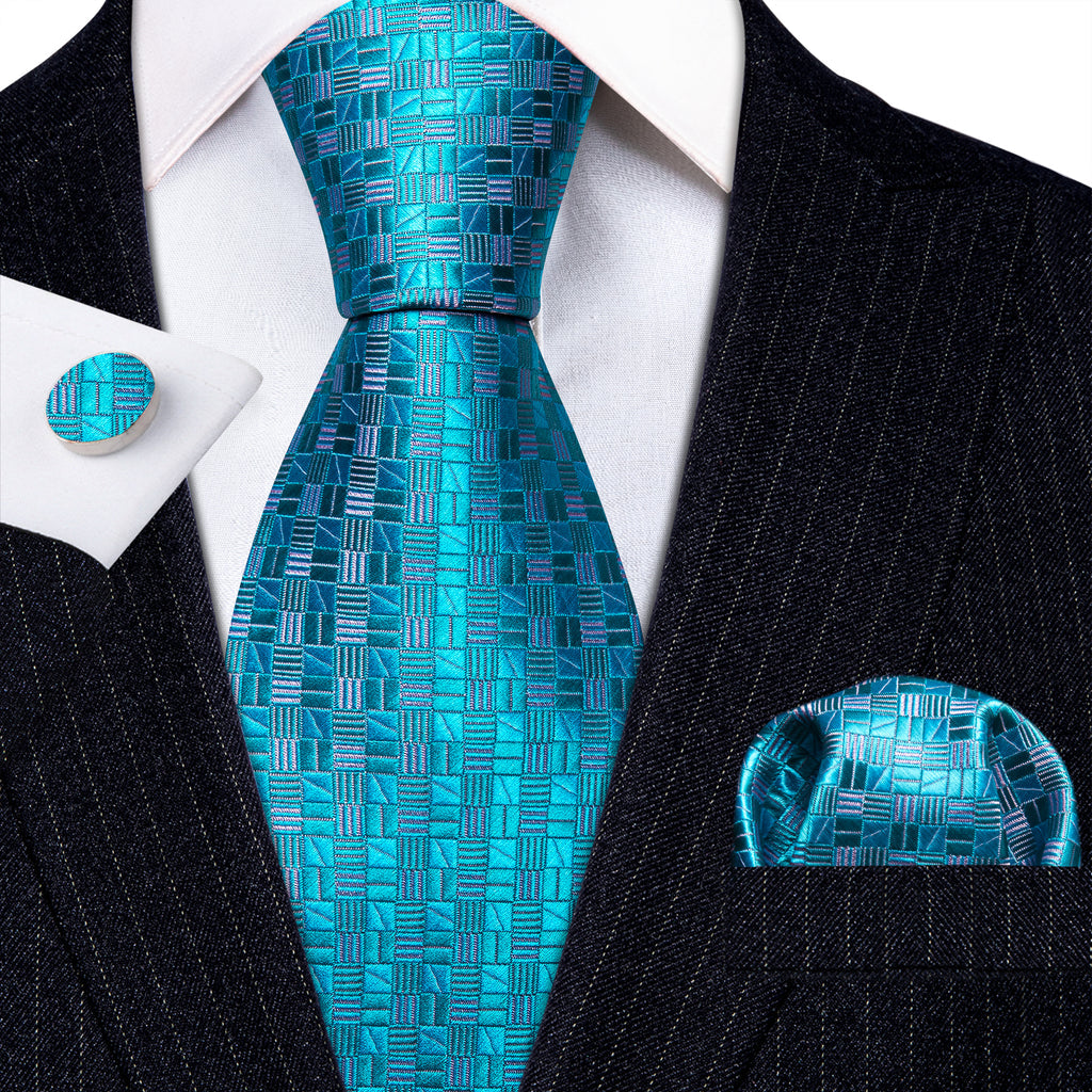 Cyan Blue Plaid Silk Tie, Pocket Square and Cufflinks Set tie sets - Sophisticated Gentlemen