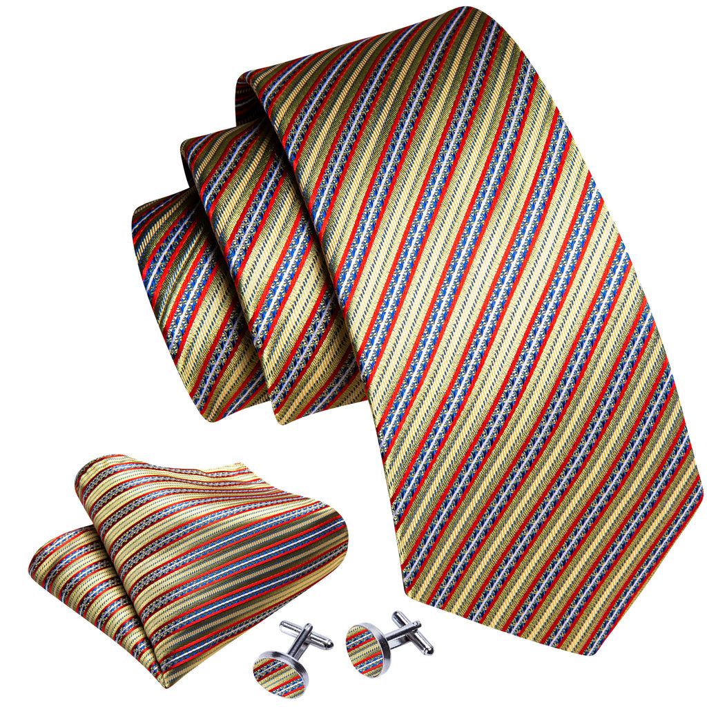 Red Gold Striped Floral Silk Tie, Pocket Square and Cufflinks Set tie sets - Sophisticated Gentlemen