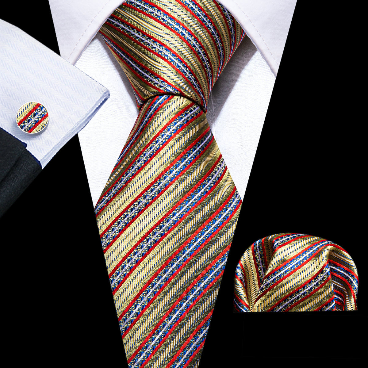 Red Gold Striped Floral Silk Tie, Pocket Square and Cufflinks Set tie sets - Sophisticated Gentlemen