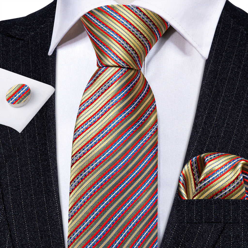 Red Gold Striped Floral Silk Tie, Pocket Square and Cufflinks Set tie sets - Sophisticated Gentlemen