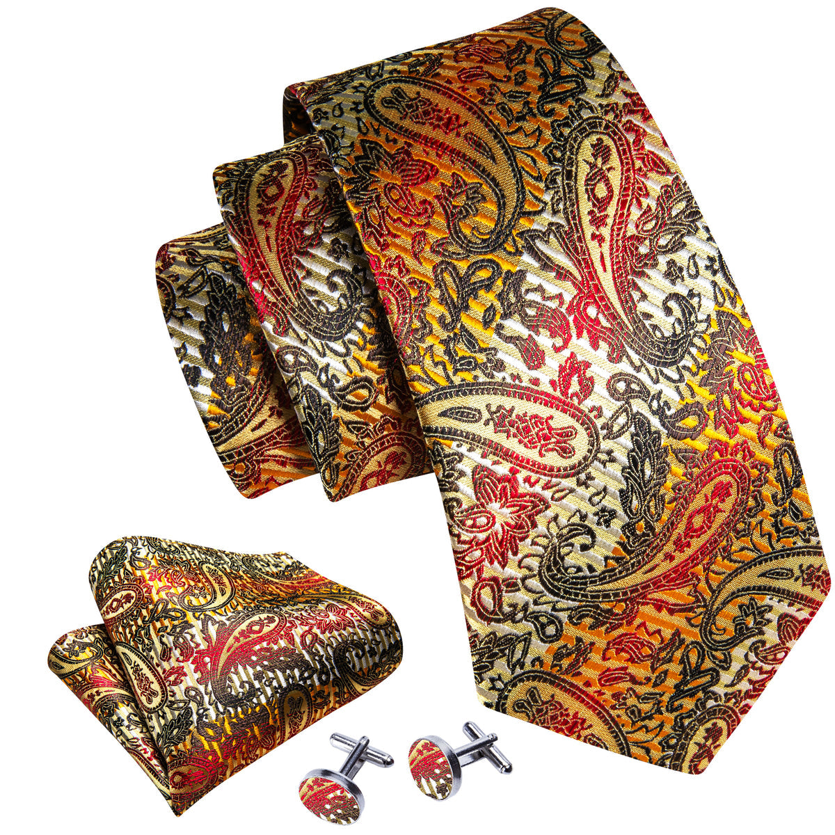Gold Back Colorful Paisley Silk Tie, Pocket Square and Cufflinks Set tie sets - Sophisticated Gentlemen
