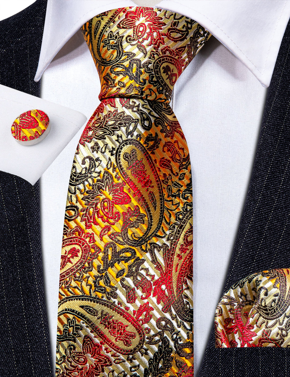 Gold Back Colorful Paisley Silk Tie, Pocket Square and Cufflinks Set tie sets - Sophisticated Gentlemen
