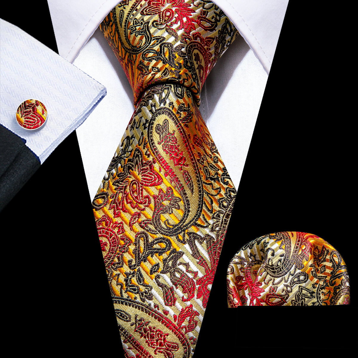 Gold Back Colorful Paisley Silk Tie, Pocket Square and Cufflinks Set tie sets - Sophisticated Gentlemen