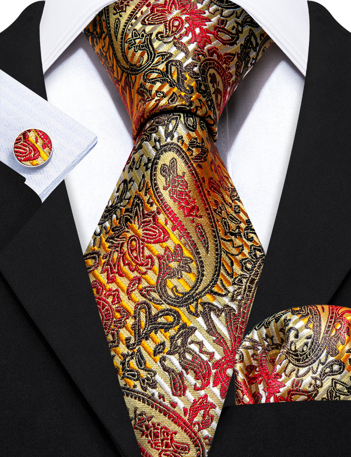 Gold Back Colorful Paisley Silk Tie, Pocket Square and Cufflinks Set tie sets - Sophisticated Gentlemen