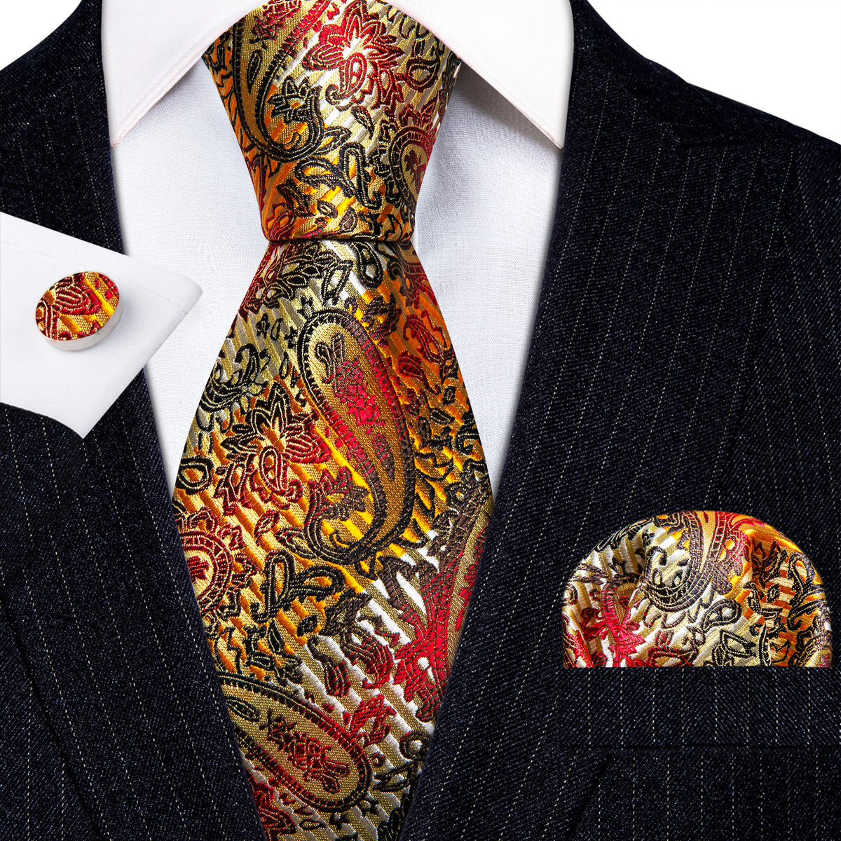 Gold Back Colorful Paisley Silk Tie, Pocket Square and Cufflinks Set tie sets - Sophisticated Gentlemen