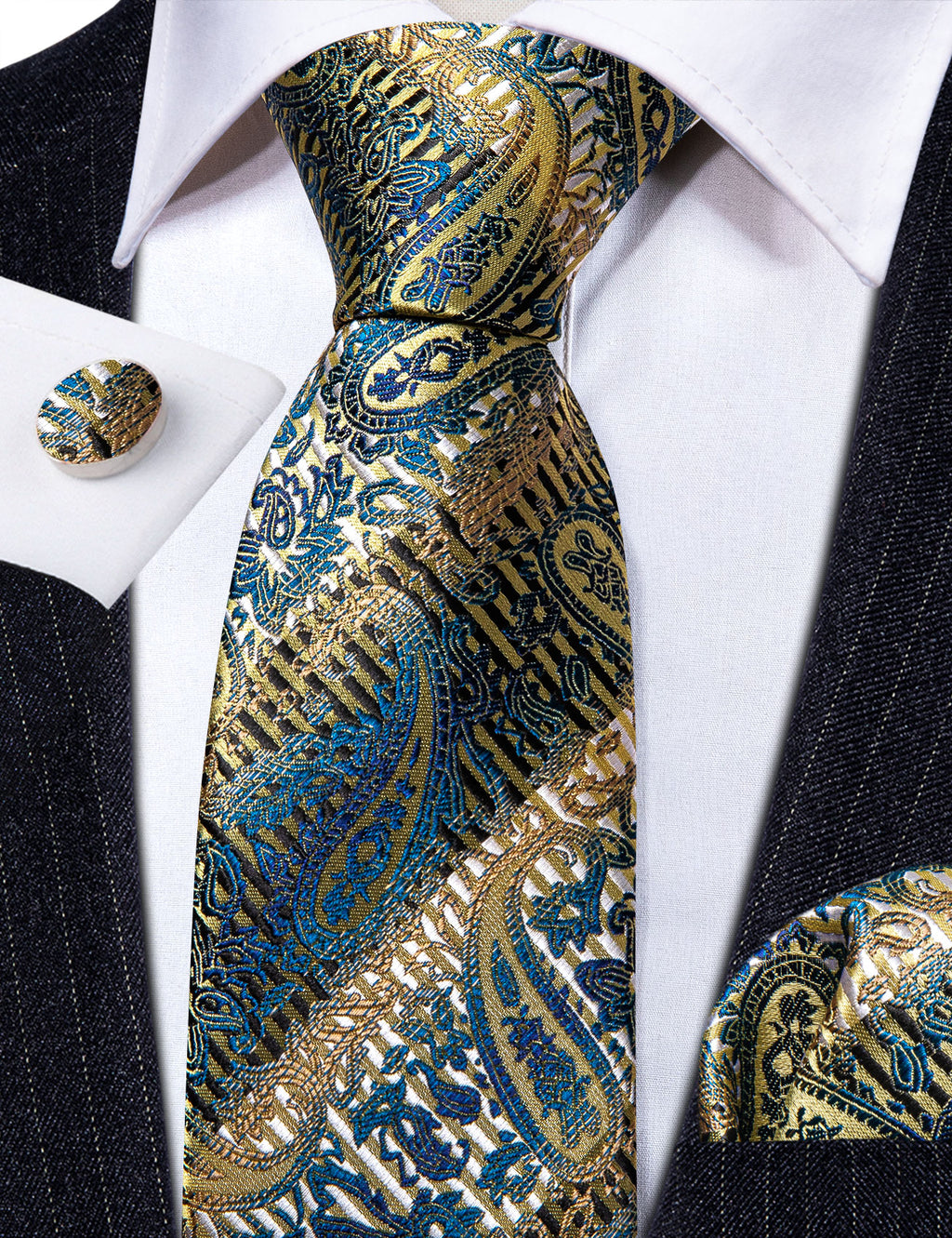 Gold Blue Paisley Silk Tie, Pocket Square and Cufflinks Set tie sets - Sophisticated Gentlemen