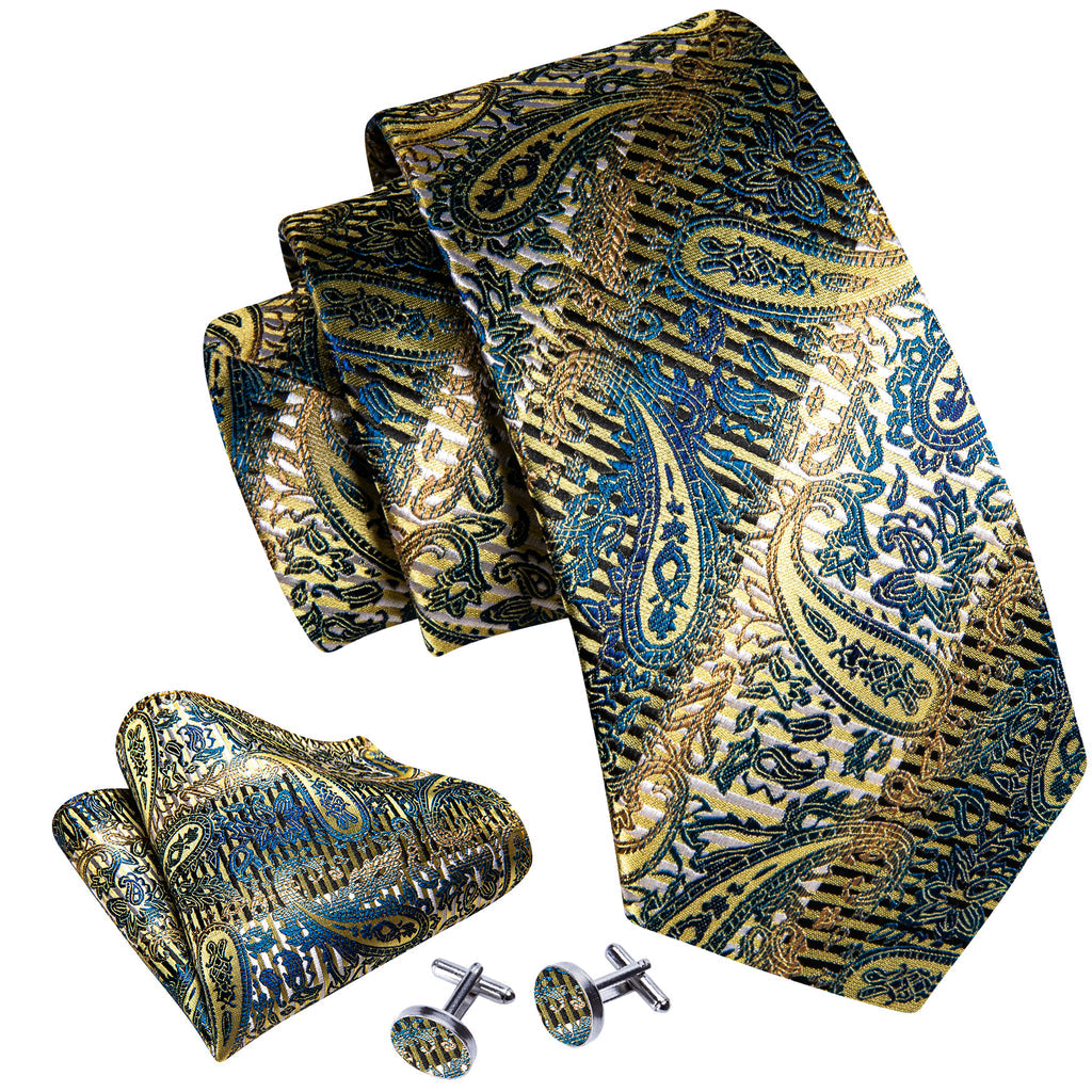 Gold Blue Paisley Silk Tie, Pocket Square and Cufflinks Set tie sets - Sophisticated Gentlemen