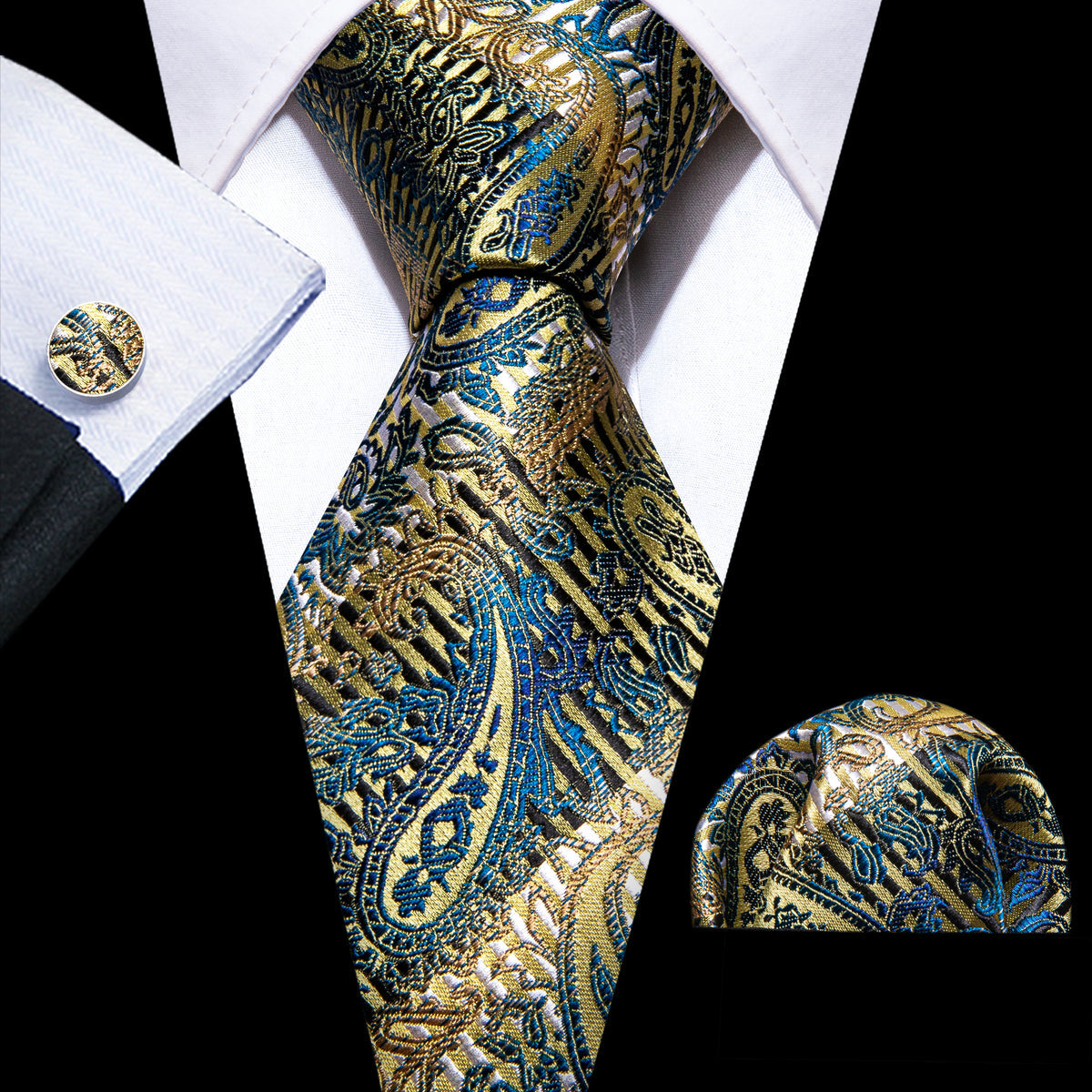 Gold Blue Paisley Silk Tie, Pocket Square and Cufflinks Set tie sets - Sophisticated Gentlemen